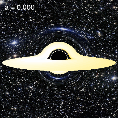 Animation of a Kerr black hole with background stars and a rotating accretion disk